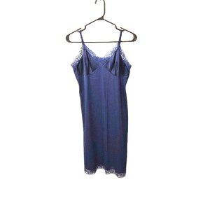 VTG Vanity Fair Navy Blue Nylon Slip Dress Lace Trim USA Dark Romantic Outerwear